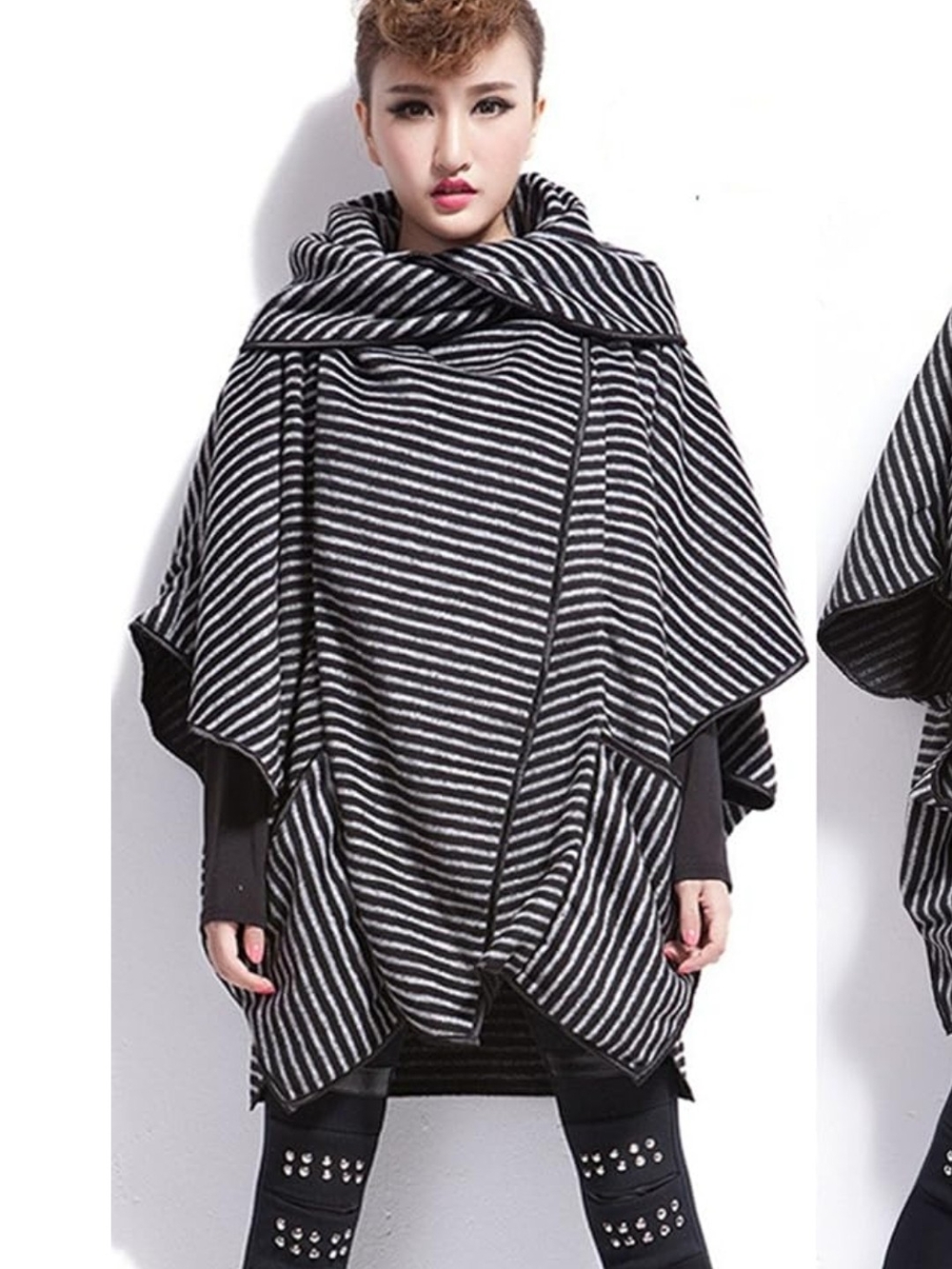 Striped Black & White Wrap Cape Poncho